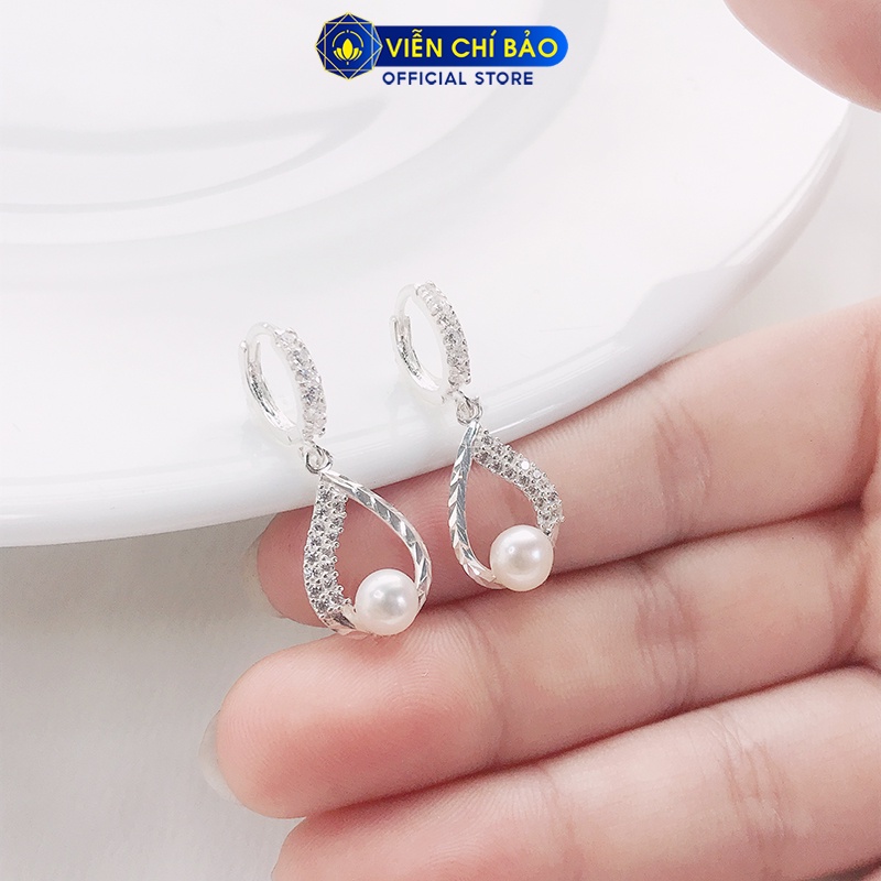 Bông bạc nữ Trái châu giọt nước khóa tròn đính đá bạc 925 thời trang phụ kiện trang sức nữ Viễn Chí Bảo B400292x