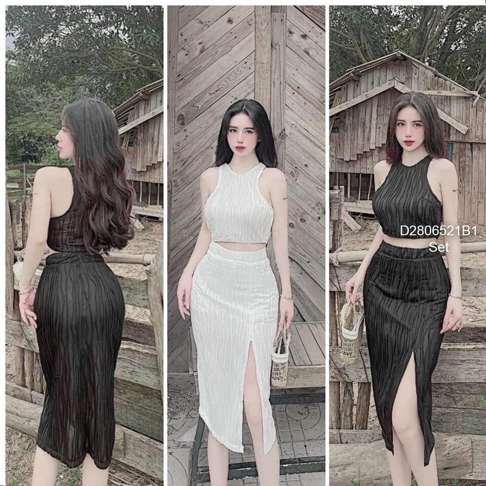 Set áo 3 lỗ+ chân váy gợn sóng!