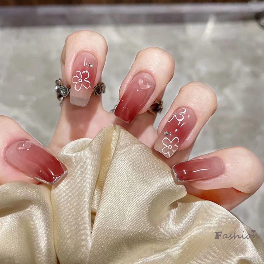 Set 24 Móng Tay Giả Màu Đỏ Gradient Sáng Bóng Dễ Thương Dành Cho Nữ
