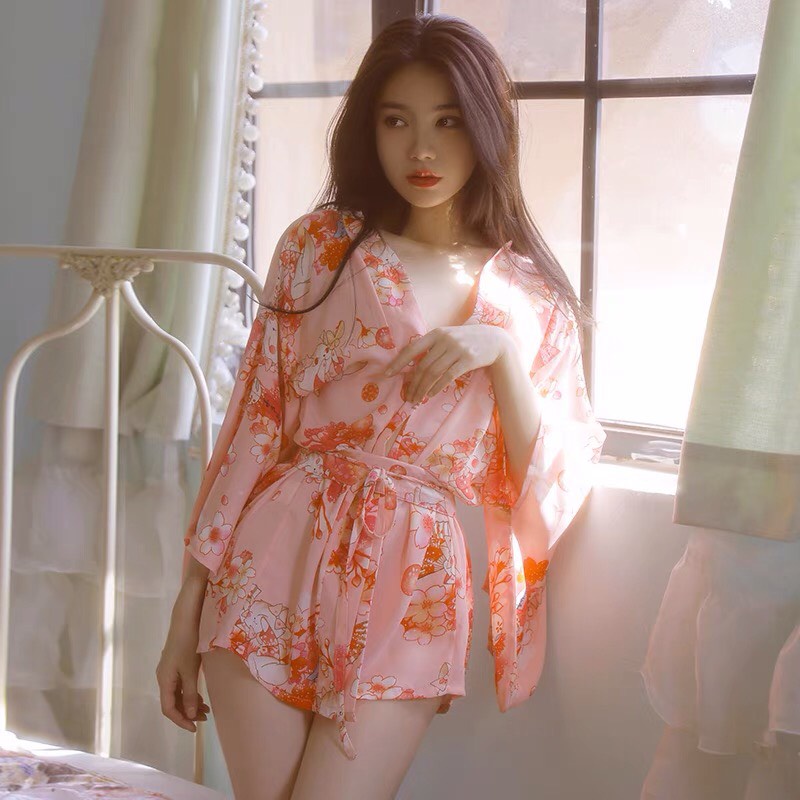 Váy ngủ kimono quyến rũ áo choàng ngủ hoa với màu đen gợi cảm