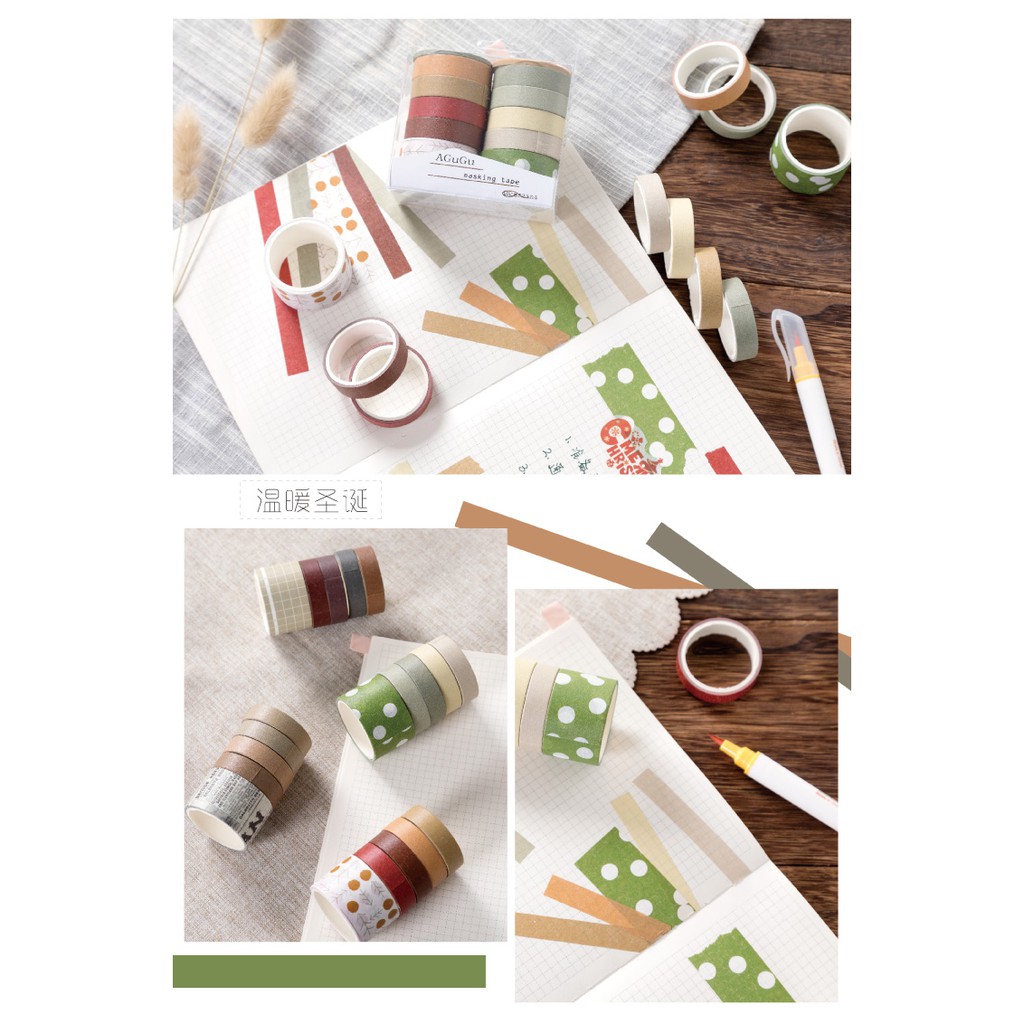 Hộp 10 cuộn băng dính giấy washi màu trơn trang trí bullet journal