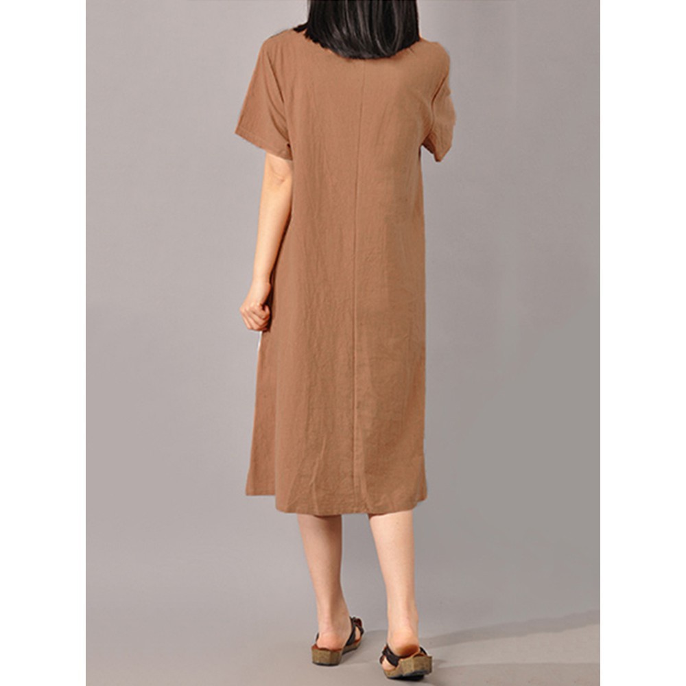 Đầm cổ tròn ngắn tay dáng dài rộng thời trang nữ vintage