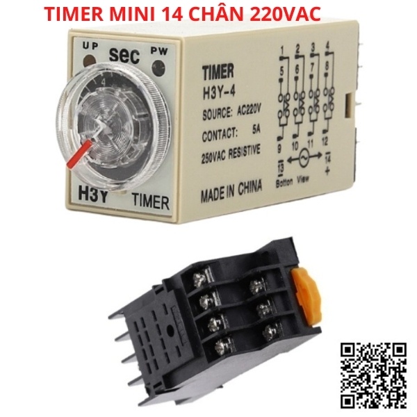 Timer H3Y-4 rơ le thời gian 14 chân dẹp nhỏ điện áp 220VAC, 24VDC, 12VDC tặng chân đế PYF143A