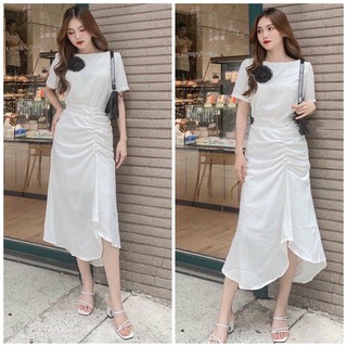 Đầm váy freesize trắng cổ thuyền tùng nhúng