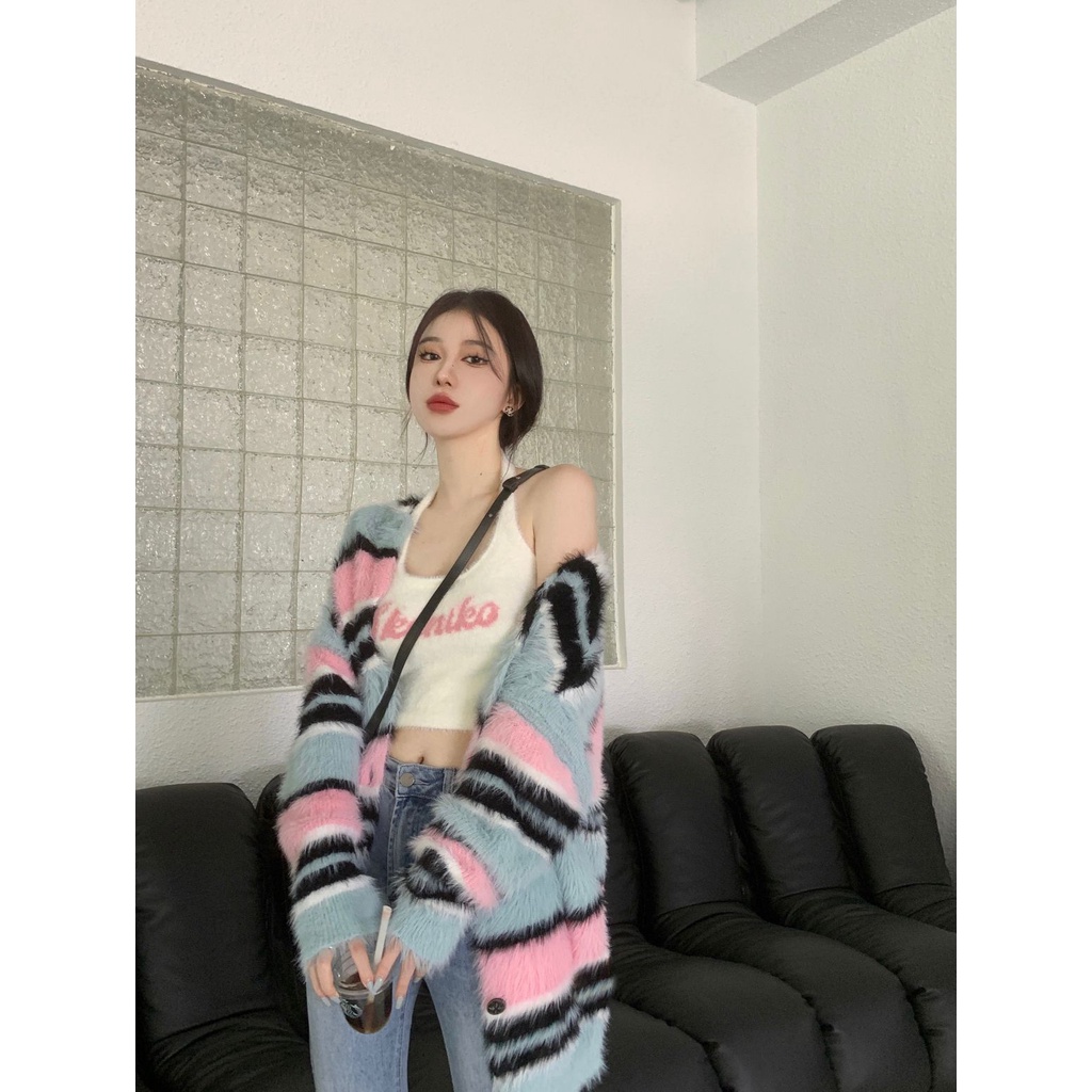 「MOTEL7」 Áo Khoác Cardigan Len Dệt Kim Trễ Vai Dáng Dài Kẻ Sọc Cao Cấp Phong Cách Lười Retro Nhật Bản Cho Nữ @ -
