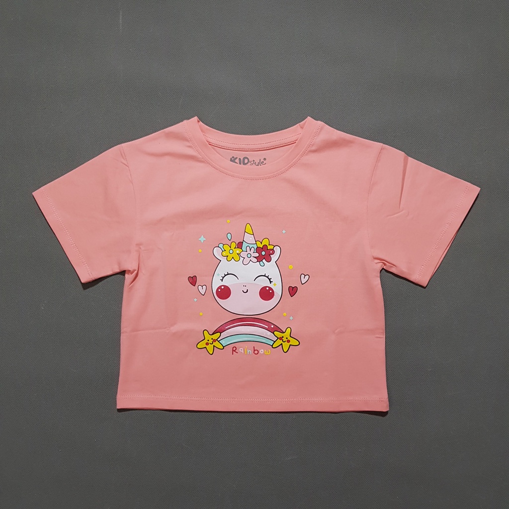 Áo thun cotton form croptop in ngựa unicorn cầu vồng bé 14-45kg( 2 màu hồng và xanh)