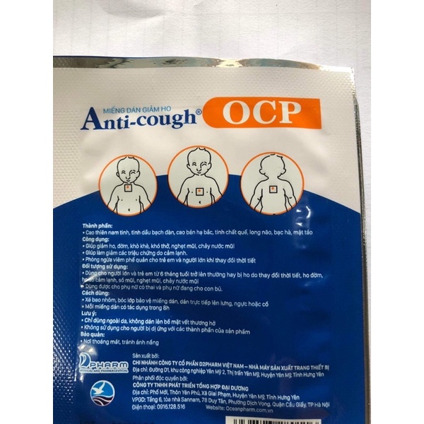 Miếng dán ho Anti Cough ocp (trẻ em từ 6 tháng tuổi, phụ nữ có thai, đang cho con bú, ho đờm,cảm lạnh, sổ mũi, nghẹt mũi