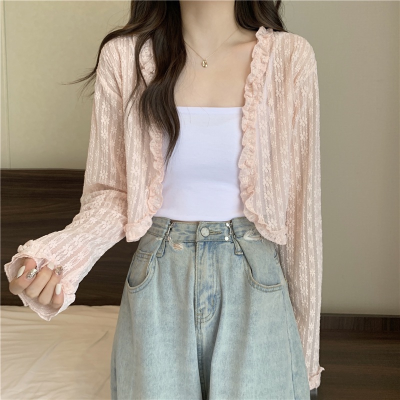 Áo kiểu ZHELIHANGFEI tay dài chống nắng lưng cao phối ren họa tiết hoa xinh xắn