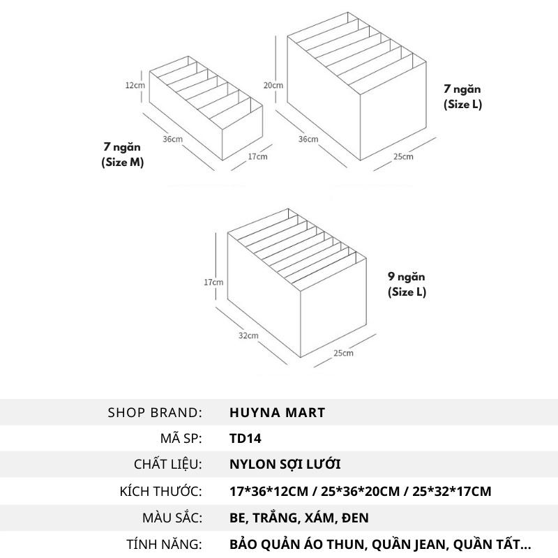 Hộp Đựng Quần Áo Chia Ngăn Dạng Lưới Đựng Áo Thun, Quần Jean, Quần Tất Tiện Lợi Huyna Mart TD14
