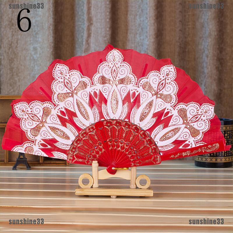 Quạt xếp bằng vải polyester họa tiết hoa