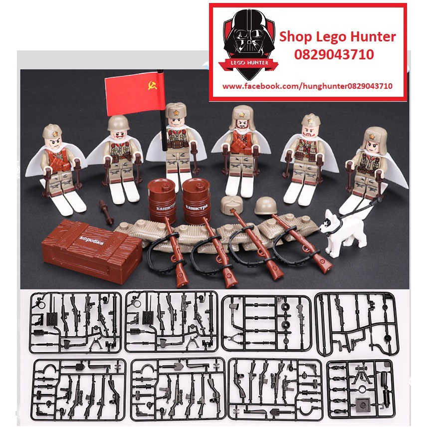 Xếp Hình Army WW2 tiểu đội 6 Lính Hồng Quân Liên Xô trang bị ván trượt tuyết và vũ khí