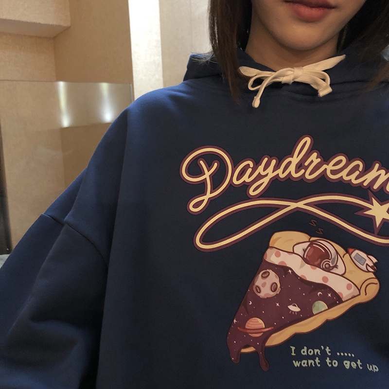 Áo hoodie dáng rộng in họa tiết retro Hàn Quốc mới cho nữ 2021