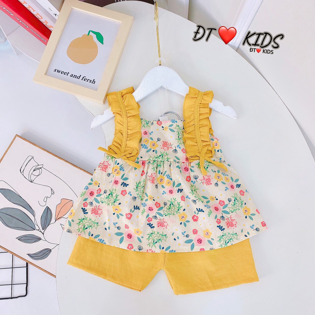 Đồ bộ bé gái size 8 đến 18 kg quần áo họa tiết hoa nhí viền QATE677, Bộ 2 dây bèo vai hoa nhí kèm quần thô cho bé