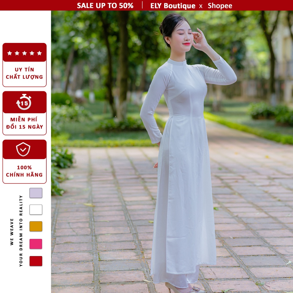 Áo dài trắng học sinh, sinh viên ELY lụa tây thi trơn chuẩn form đẹp LHS01