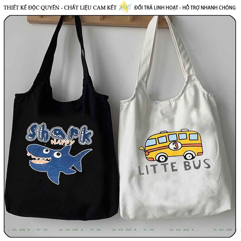 TOTE CANVAS hoat hình khủng long cute FORM TRÒN TÚI VẢI ĐEO VAI BAG NÚT BẤM SIZE LỚN AOMIVN DU LỊCH DẠO PHỐ CÁ TÍNH