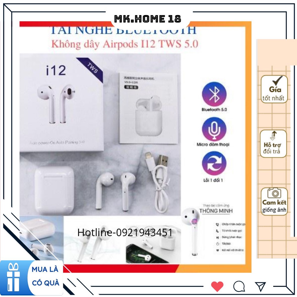 Tai nghe Bluetooth i12 TWS 5.0 tai nghe i12 không dây bản Quốc tế âm thanh chuẩn HIFI dùng cho IOS Android