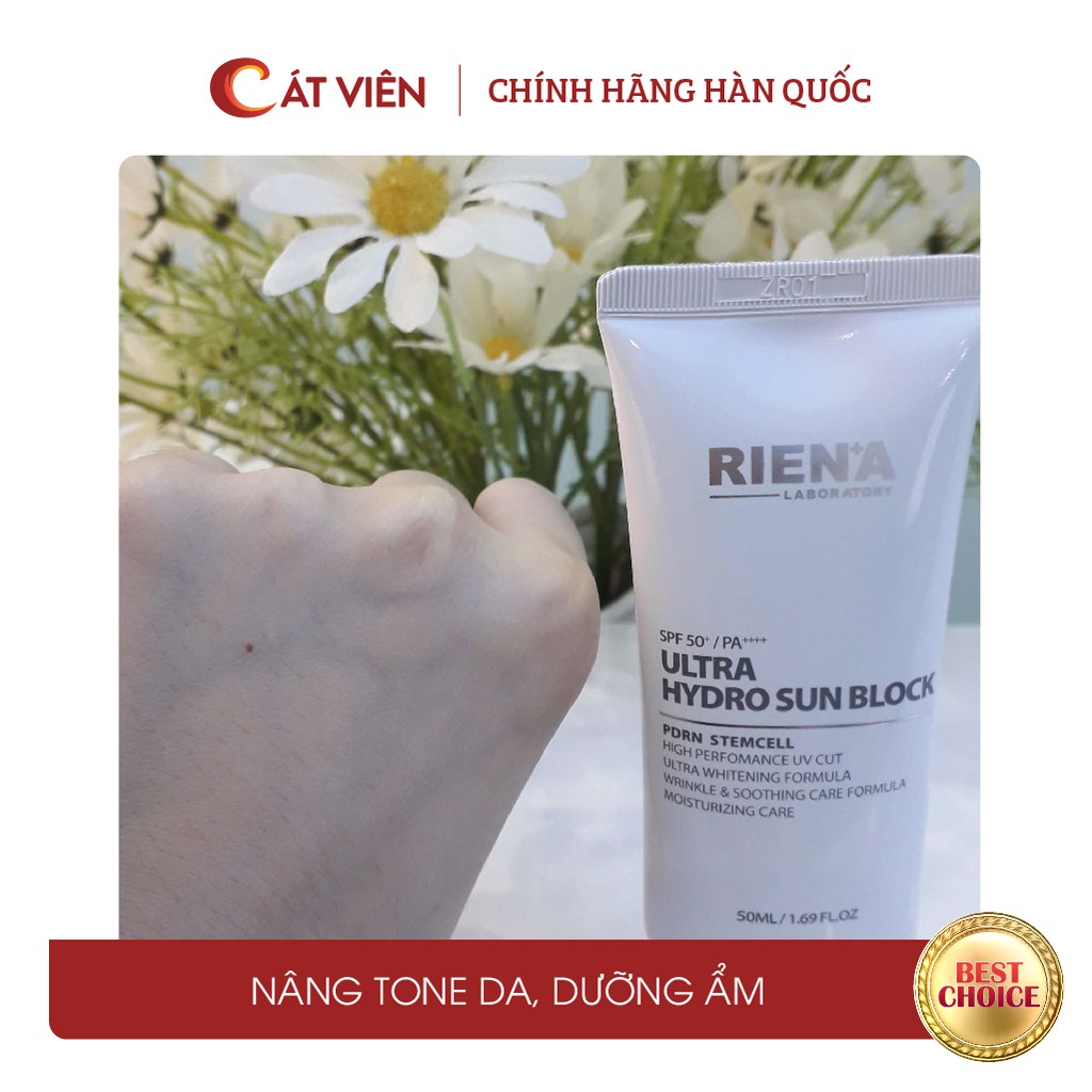 Kem chống nắng vật lý nâng tone Rien'a, cấp ẩm dưỡng trắng da chống lão hóa Hàn Quốc SPF50, PA+++ - Hàng chính hãng