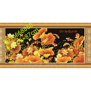 Tranh thêu chữ thập cửu ngư quần hội cá chép sen vàng tuyệt đẹp kt 205*95cm(kèm hình thật)