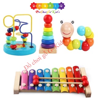 Combo sét 4 món đồ chơi - luồn hạt - con sâu gỗ - đàn gỗ 8 thanh - cầu vồng - giúp bé phát triển thông minh