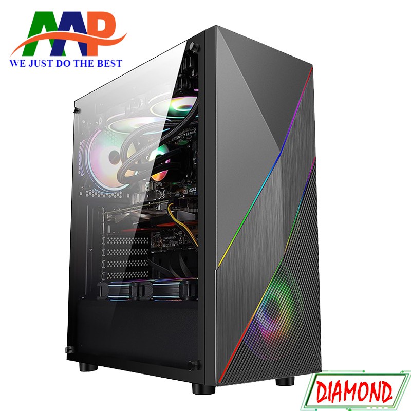 THÙNG MÁY TÍNH CASE AAP DIAMOND GAMING Mặt trước dãy Led RGB (Hông Kính Cường Lực).  VI TÍNH QUỐC DUY.