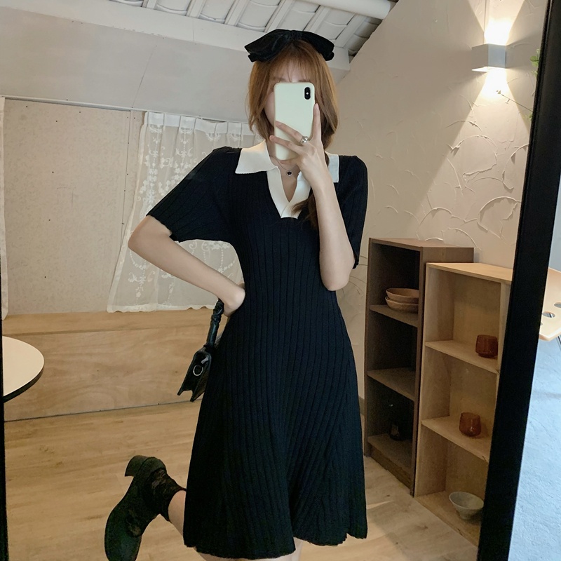 Đầm Dệt Kim Ngắn Tay Cổ POLO Xinh Xắn Dành Cho Nữ