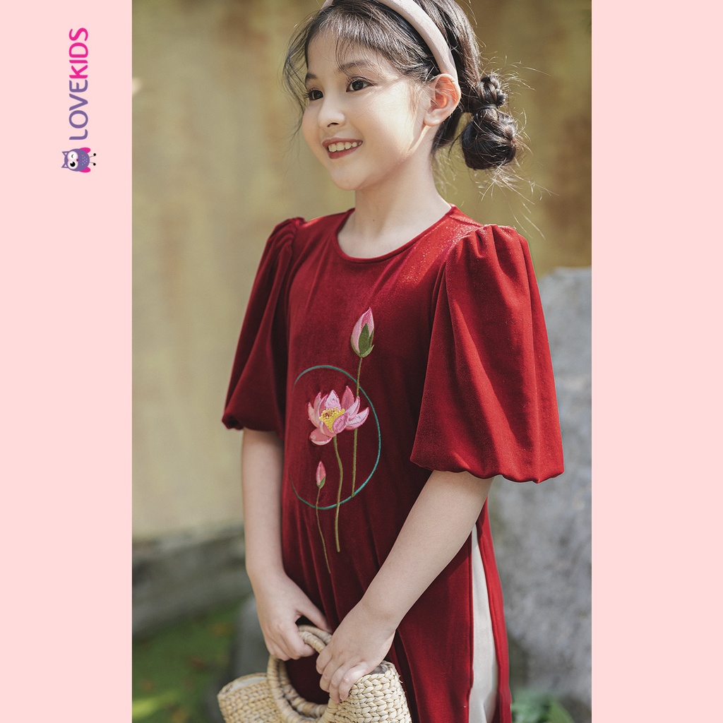 Áo dài nhung thêu hoa sen cộc tay BG | Lovekids