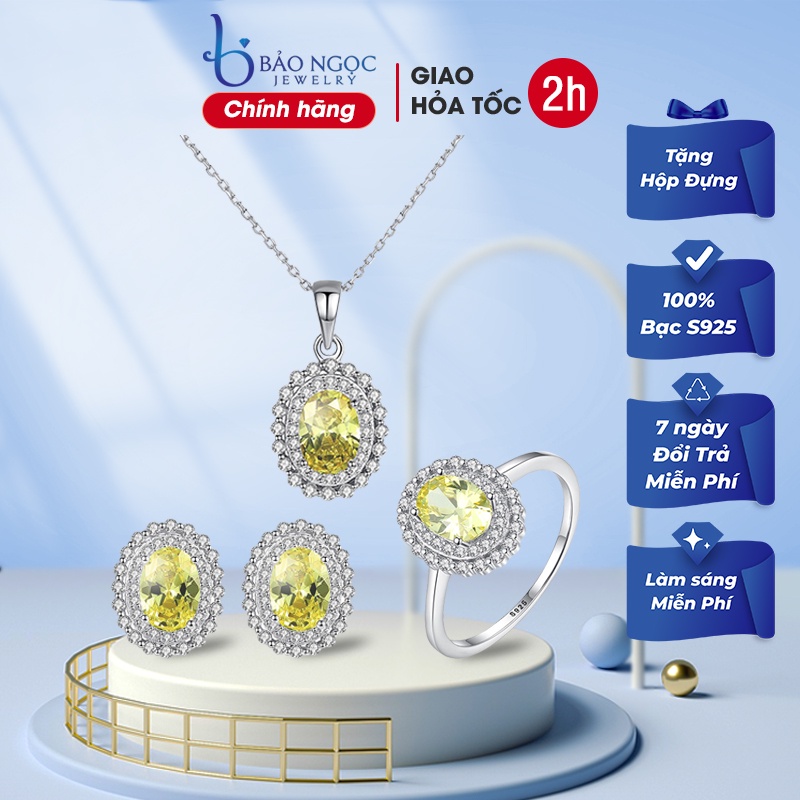 Bộ Trang Sức Bạc Nữ Thiết Hình Bông Hoa Đính Đá Màu Vàng Sang Trọng Cho Nữ BDM2314 Bảo Ngọc Jewelry