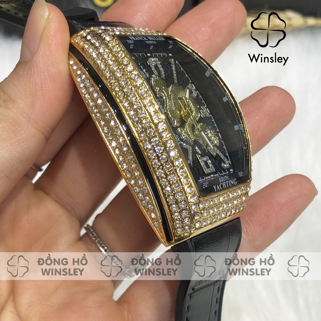 Đồng hồ đeo tay nam FM bầu dục đính đá khóa thông minh dây cao su bọc da siêu bền chính hãng Winsley