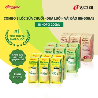 Combo 3 lốc sữa chuối –  dưa lưới - vải & đào hàn quốc binggrae