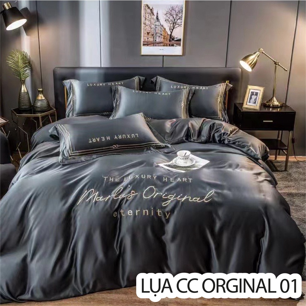 Trọn Bộ Chăn Ga Vỏ Gối Lụa Cotton Cao Cấp Thêu Chữ ORGINAL - Họa Tiết thêu nổi - Màu Sắc Sang Trọng