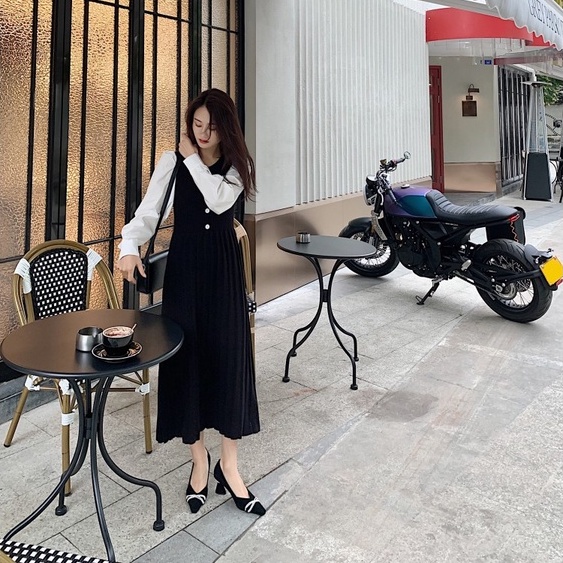 Giày cao gót mũi vuông gót dày đế trụ phối ngọc phong cách vintage cổ điển Pháp