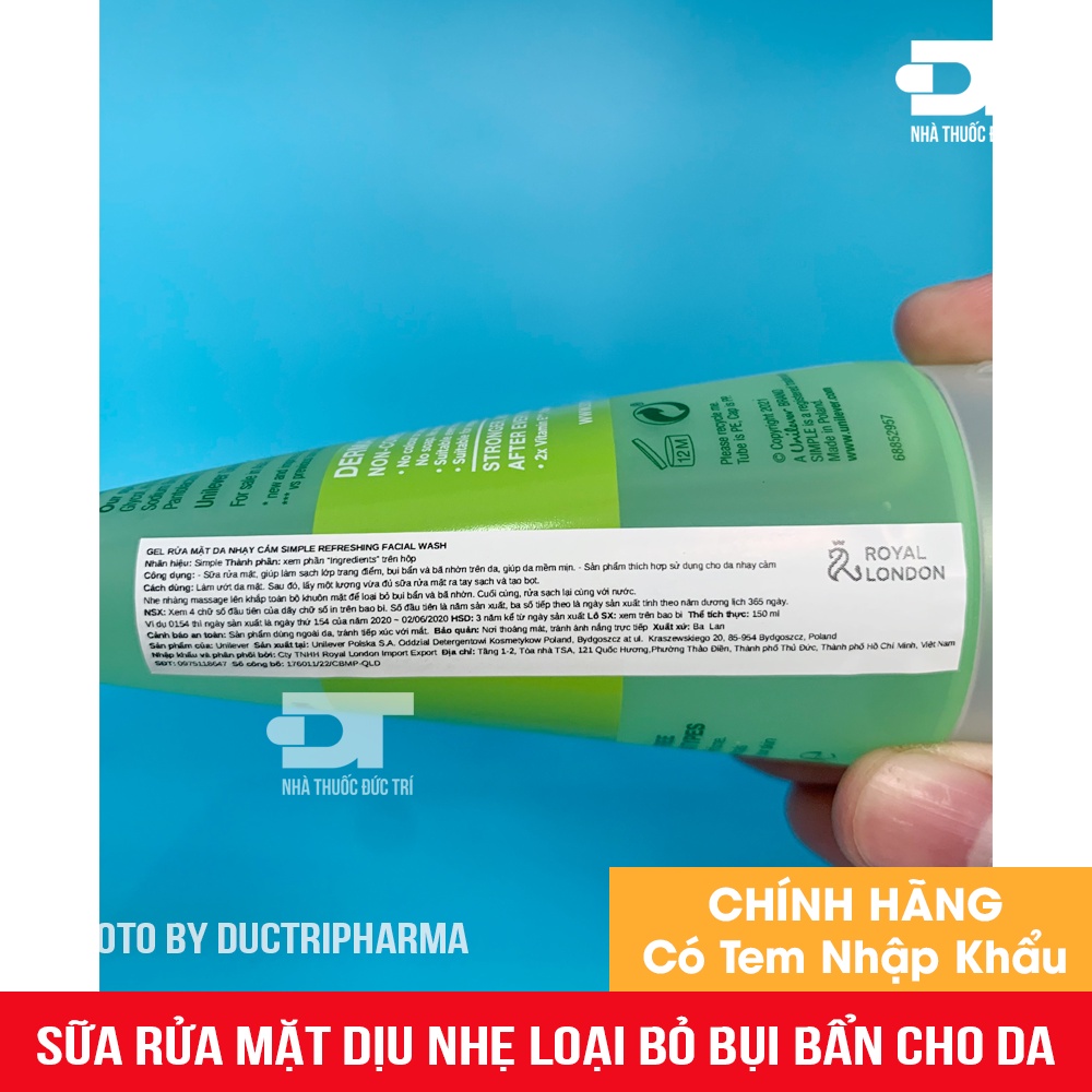 Sữa rửa mặt Simple Gel Kind To Skin Refreshing Facial Wash Gel 150ml giúp da sạch thoáng & không chứa xà phòng