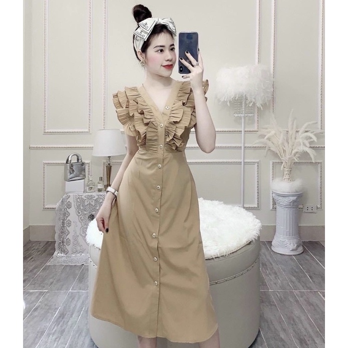 Đầm váy midi cổ phối dập li 3 màu
