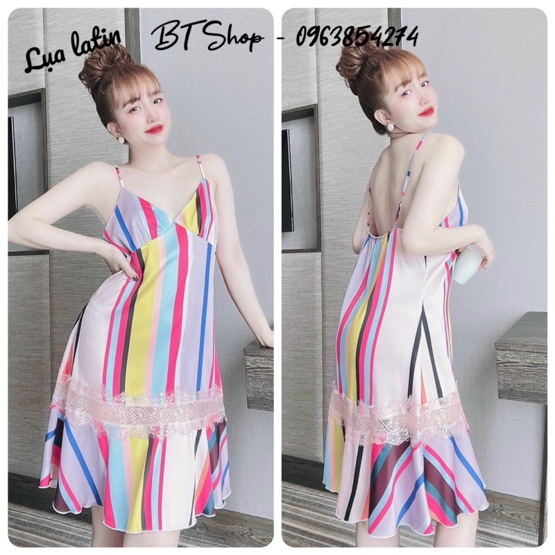 Váy ngủ lụa latin 2 dây đuôi cá phối ren freesize 42-57kg