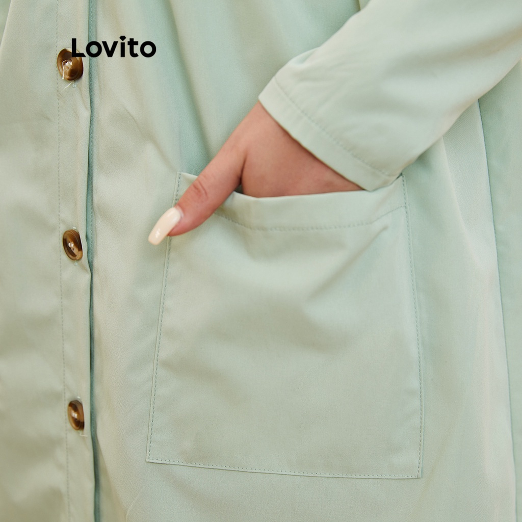 Lovito Đầm Tay Dài Cổ Chữ V Có Túi Màu Xanh Lá L20D2022-3-22