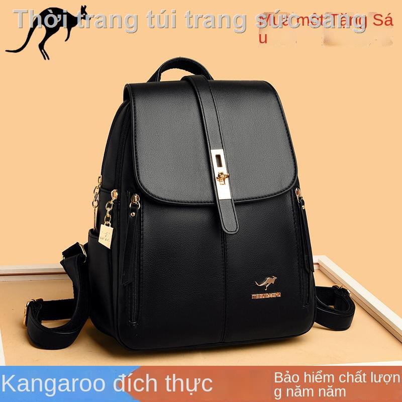 ☍Kangaroo da thật ba lô kết cấu phụ nữ 2021 thời trang mới ba lô nữ hoang dã túi du lịch sức chứa lớn thủy triều