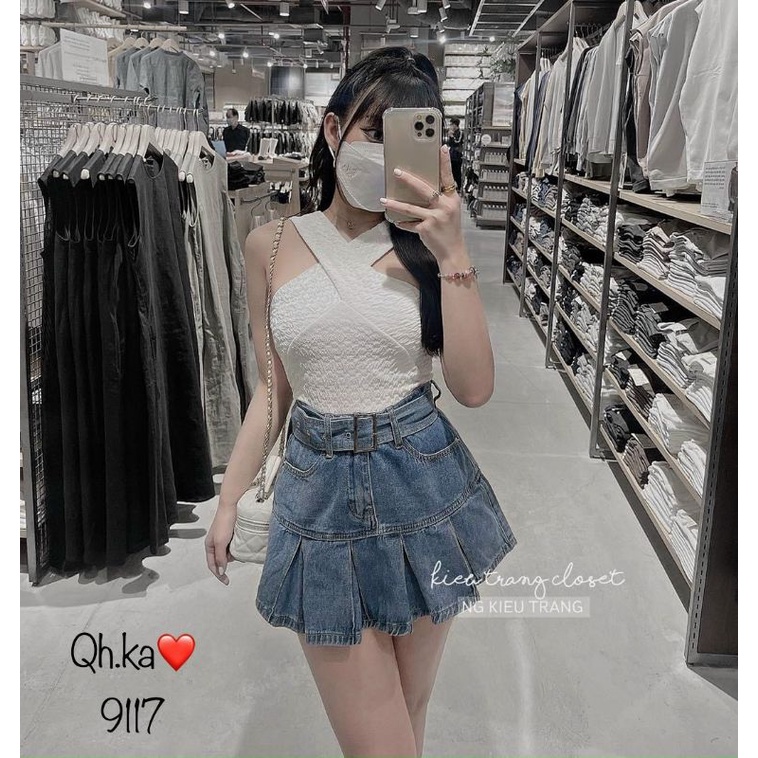 Chân váy bò xếp ly đai hàng QCL1