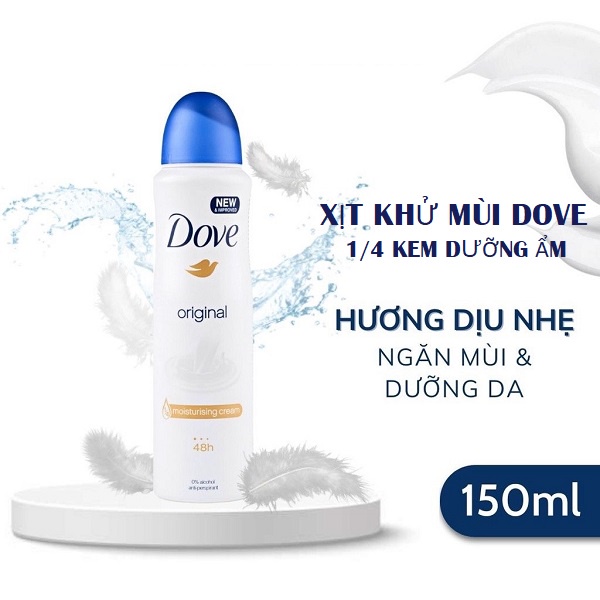 Xịt Khử Mùi Dove 150ml Khô Thoáng 48H Dưỡng Da Sáng Mịn Với 1/4 Kem Dưỡng Ẩm
