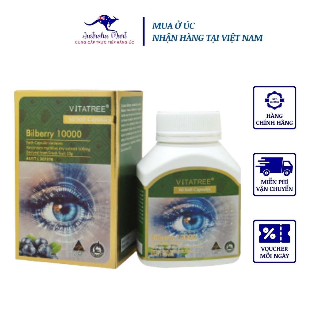 Viên Uống Bổ Mắt Vitatree Bilberry 10000 Hỗ Trợ Bảo Vệ Mắt, Tăng Cường Thị Lực 60 Viên
