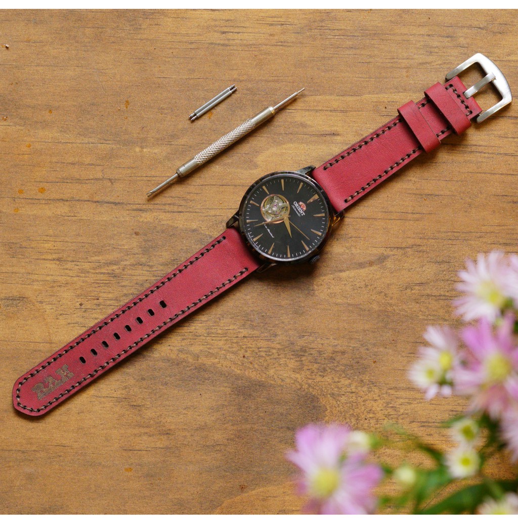 Dây apple watch da bò đỏ đô handmade bền chắc cực đẹp RAM Leather Classic 1982 - tặng khóa chốt và adapter