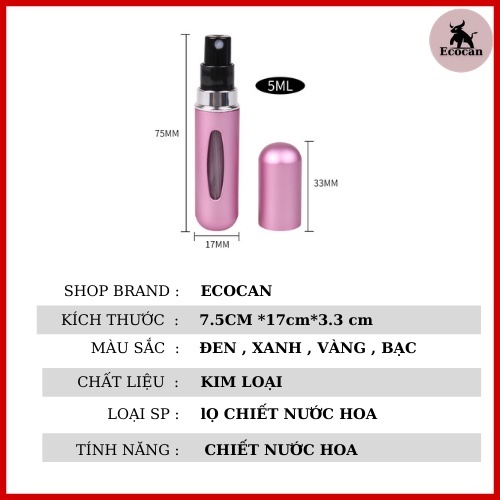 Chai chiết nước hoa Ecocan Lọ chiết nước hoa dung tích 5ml có chọn màu | Thế Giới Skin Care