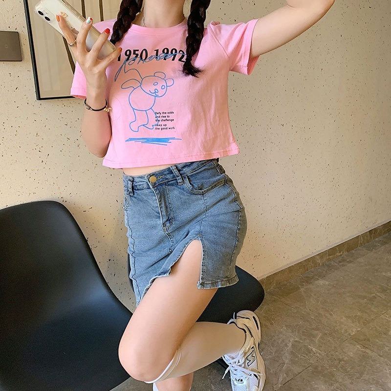 Áo thun ZHELIHANGFEI dáng ngắn in hình gấu dễ thương cho nữ