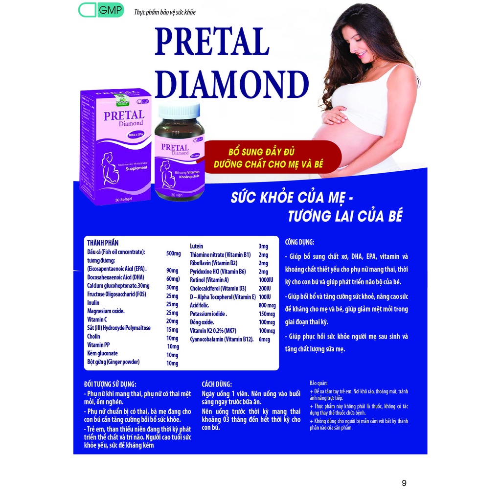 Viên uống tổng hợp bà bầu PRETAL DIAMOND, Prenatal Multi, DHA, chuẩn GMP, Hộp 30 viên.