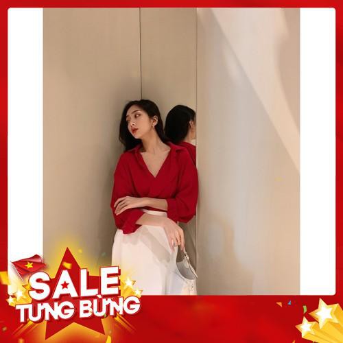 Set Áo Sơ Mi Voan Dài Tay Cổ V, Chân Váy Xẻ Tà Trắng - Hàng nhập khẩu