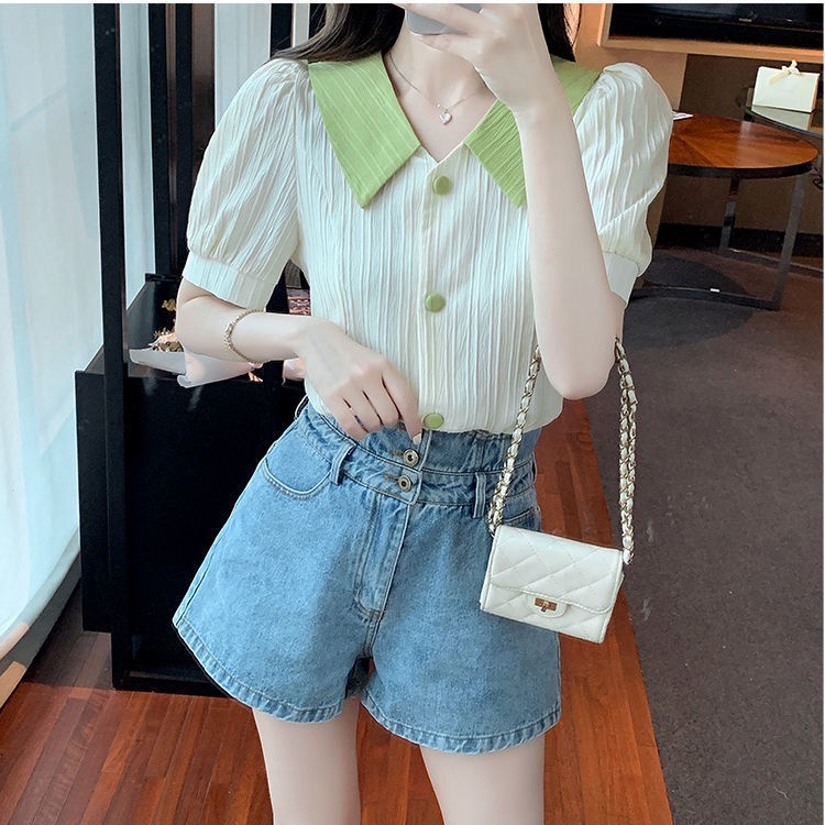 Áo Sơ Mi Tay Ngắn Phồng Cổ Bẻ Thời Trang Mùa Hè Phong Cách Mới Cho Nữ