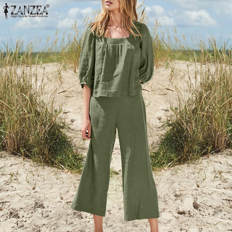 Set đồ 2 mảnh ZANZEA gồm áo tay lửng 3/4 cổ vuông kèm quần dài ống rộng thời trang cho nữ