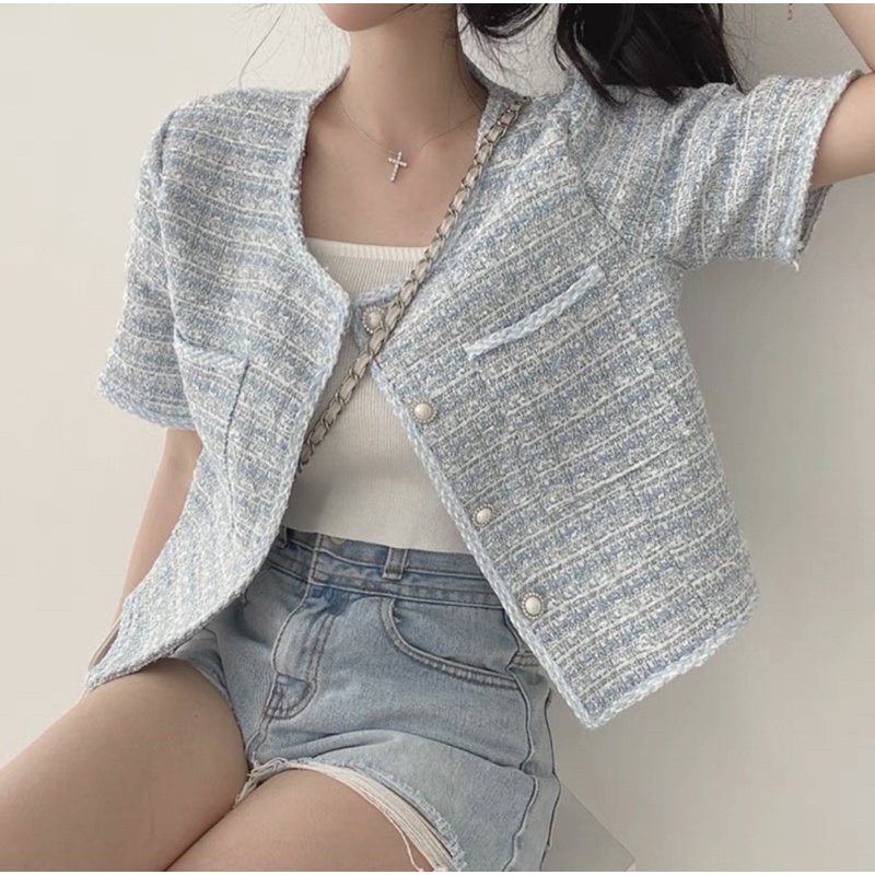 Áo Dạ Tweed Dáng Lửng Tay Cộc Phong Cách Hàn Quốc Siêu Xinh_ Hàng Order QCCC Kèm Ảnh Thật