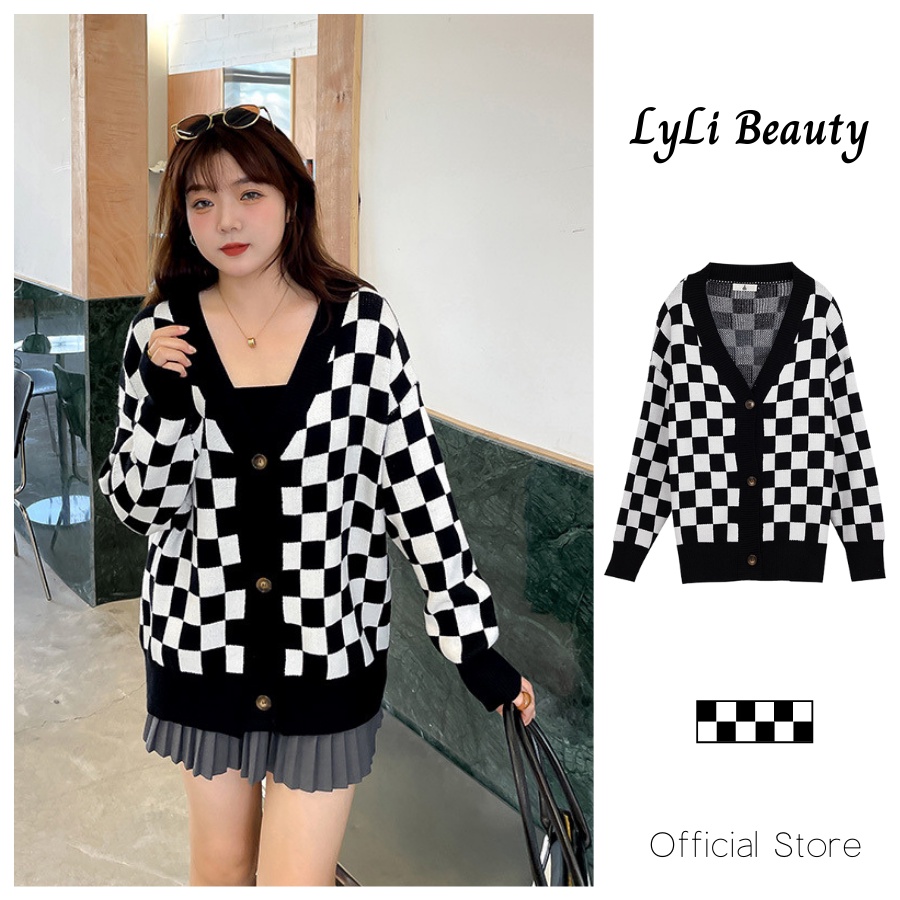 Áo khoác cardigan nữ hoạ tiết bàn cờ Lylibeauty chất áo len nỉ form rộng - dáng dài chất nỉ dày dặn giữ form TL17