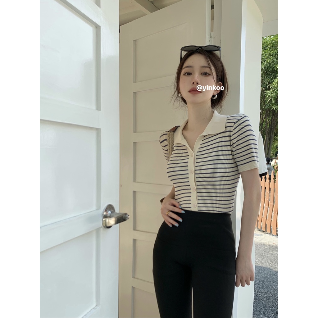 LALISAS Áo cardigan Dệt Kim Tay Ngắn Cổ POLO Họa Tiết Kẻ Sọc Thời Trang Hàn Quốc Cho Nữ