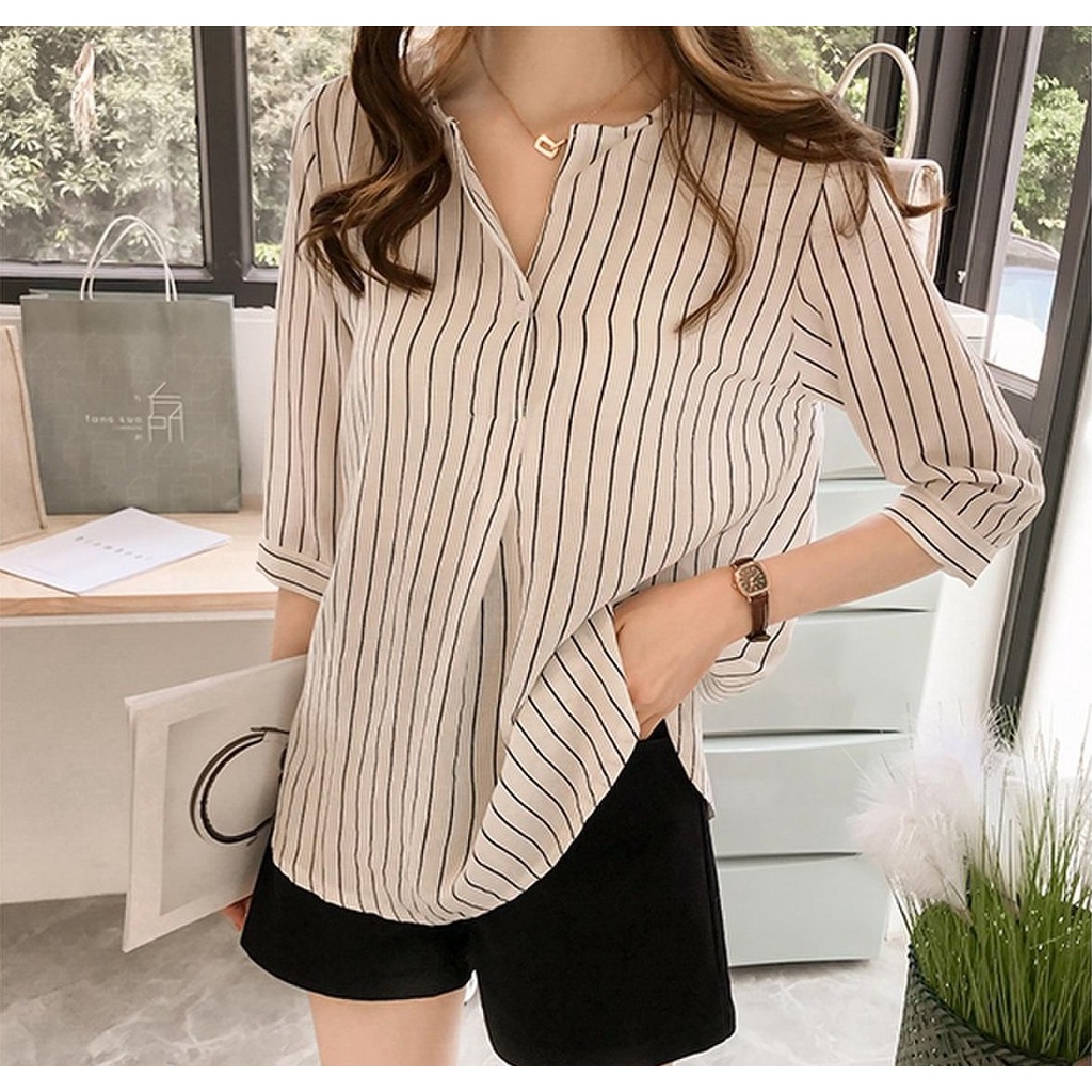 Áo sơ mi nữ công sở cổ V, họa tiết kẻ sọc thời trang, phong cách trẻ trung cá tính sm05